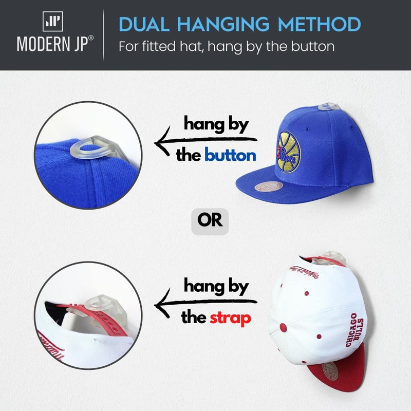 Modern JP Adhesive Hat Hooks for Wall (16-Pack) - Hat Rack for Baseball Caps, Minimalist Hat Display, Strong Hold Hat Hangers for Wall - USA Patented, Clear - Image 4